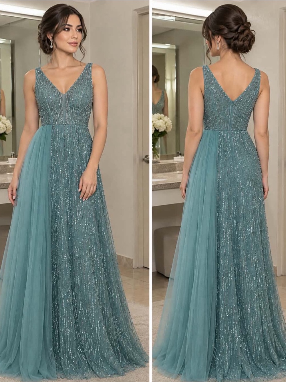 Elegant Teal V-Neck Beaded Evening Gown